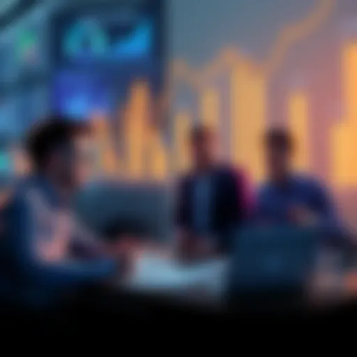 A group of fintech professionals discussing decentralized finance lending, with charts and graphs showing trends