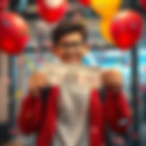 A young person holding their first paycheck with a smile, surrounded by confetti and balloons, symbolizing excitement and new beginnings.