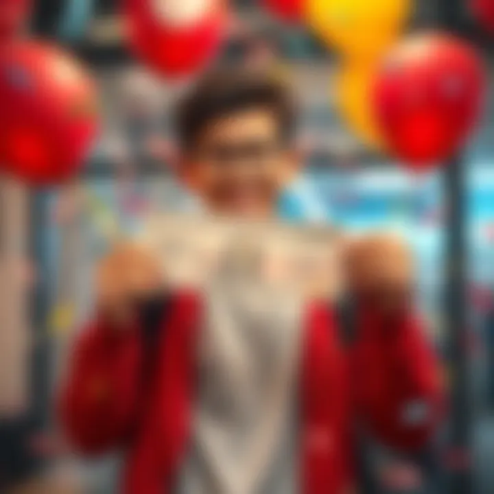 A young person holding their first paycheck with a smile, surrounded by confetti and balloons, symbolizing excitement and new beginnings.