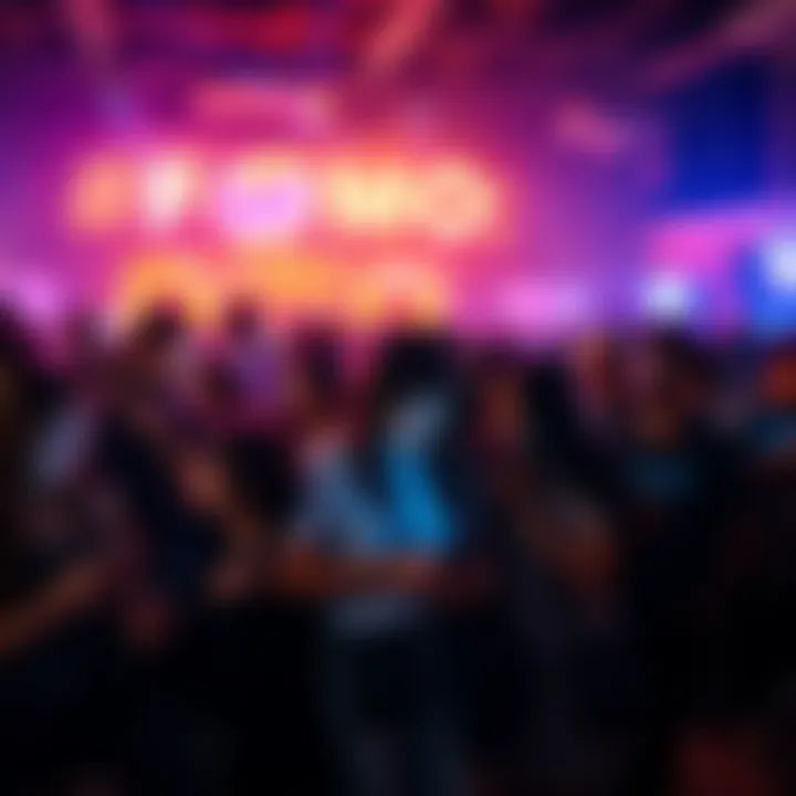 A group of people at a lively event looking at their phones, feeling the pressure of staying connected.