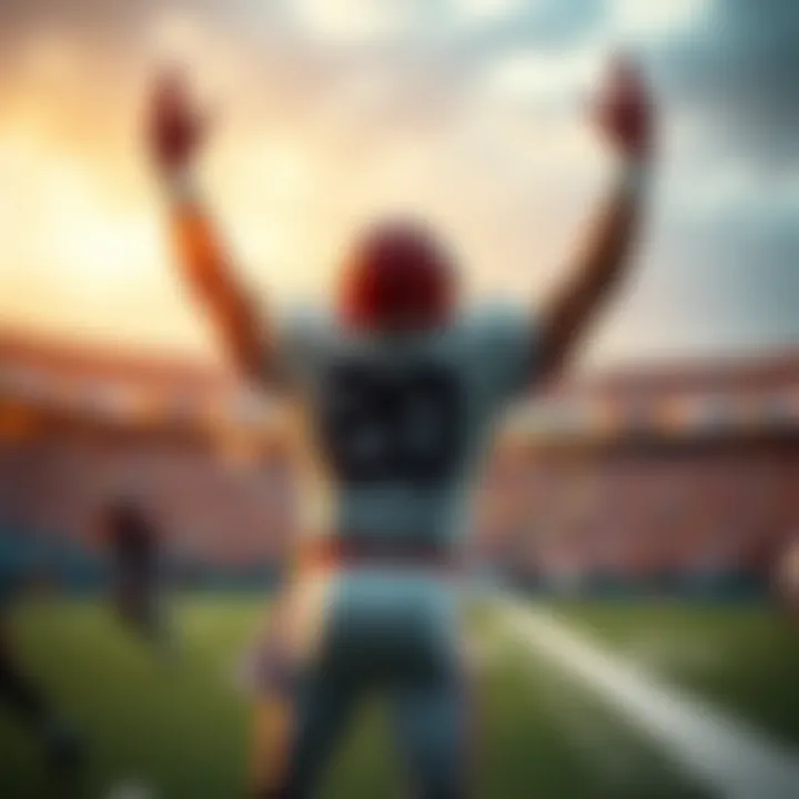 A football player raises his arms in victory after scoring a touchdown during a game.