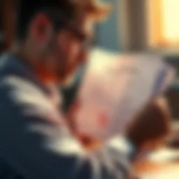 A thoughtful person reading a document with the Ten Maxi Commandments, surrounded by notes and reflections.