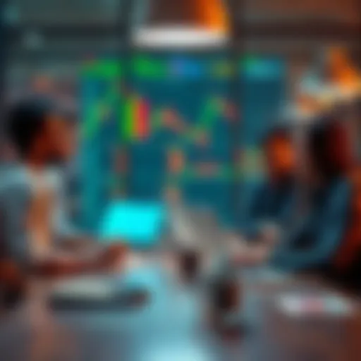 A group of friends sitting around a table engaged in a discussion about trading strategies, with charts and laptops in front of them.