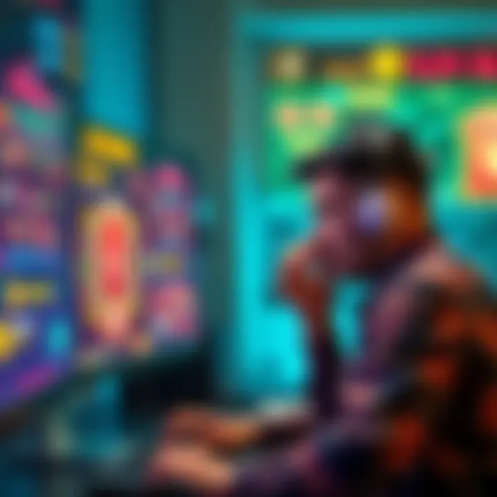A person showing frustration while looking at a computer screen filled with game-like elements and rewards, resembling gambling mechanics