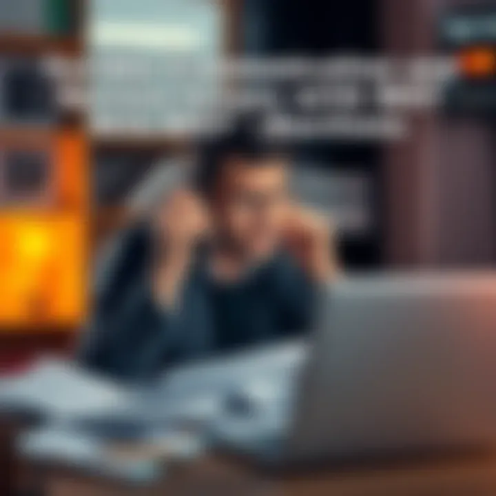 A person looking frustrated while talking on the phone, surrounded by paperwork and a laptop, showing signs of communication issues