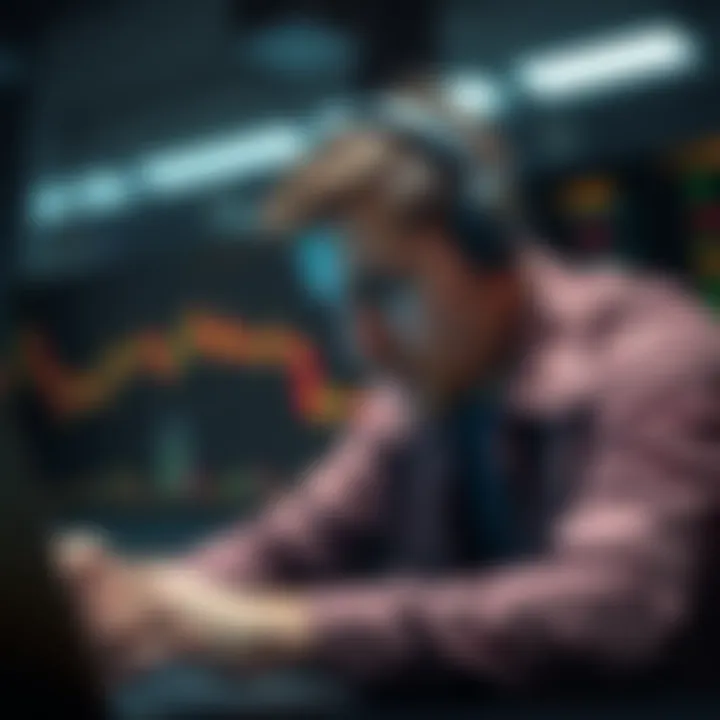A new day trader looking worried while analyzing crypto charts on his laptop.