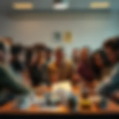 A group of diverse people looking confused and disappointed in a brainstorming session, surrounded by crumpled papers and empty coffee cups, symbolizing failed innovation efforts.
