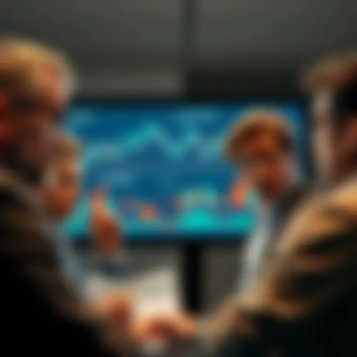 Group of people with confused expressions, viewing complicated financial graphs on a screen, showing a need for clearer explanations.
