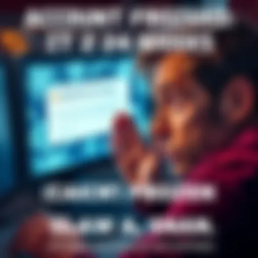 A person looking worried while staring at a computer screen displaying a frozen account message from Uphold exchange