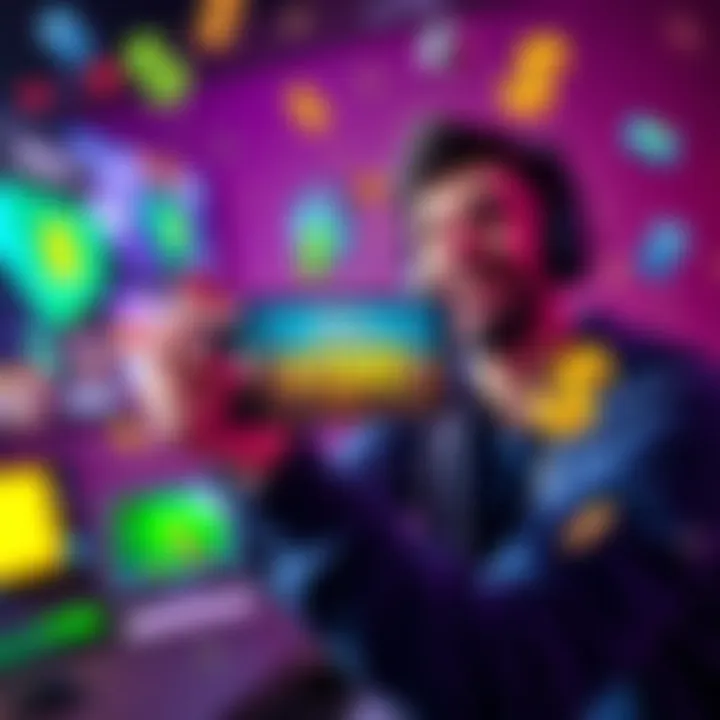 A happy gamer holding a smartphone with rewards displayed on the screen, surrounded by gaming icons and dollar signs