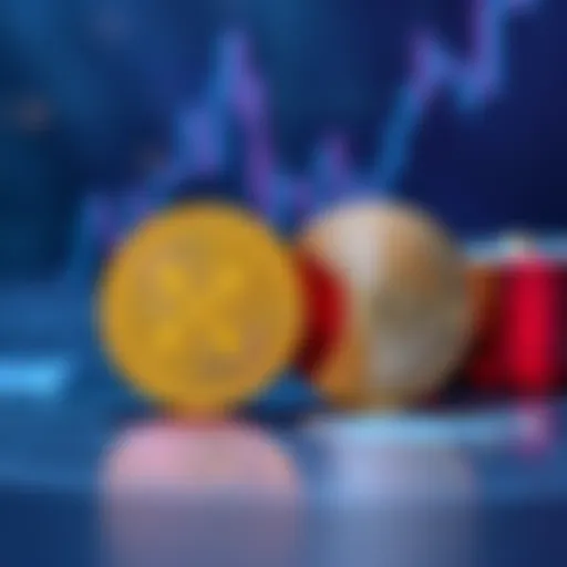 A 1oz gold coin placed beside a digital representation of XRP tokens, illustrating a financial decision between physical gold and cryptocurrency investment.
