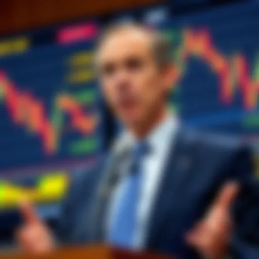 Federal Reserve Chair Goolsbee speaks about interest rates and trade issues, with charts showing economic data in the background.
