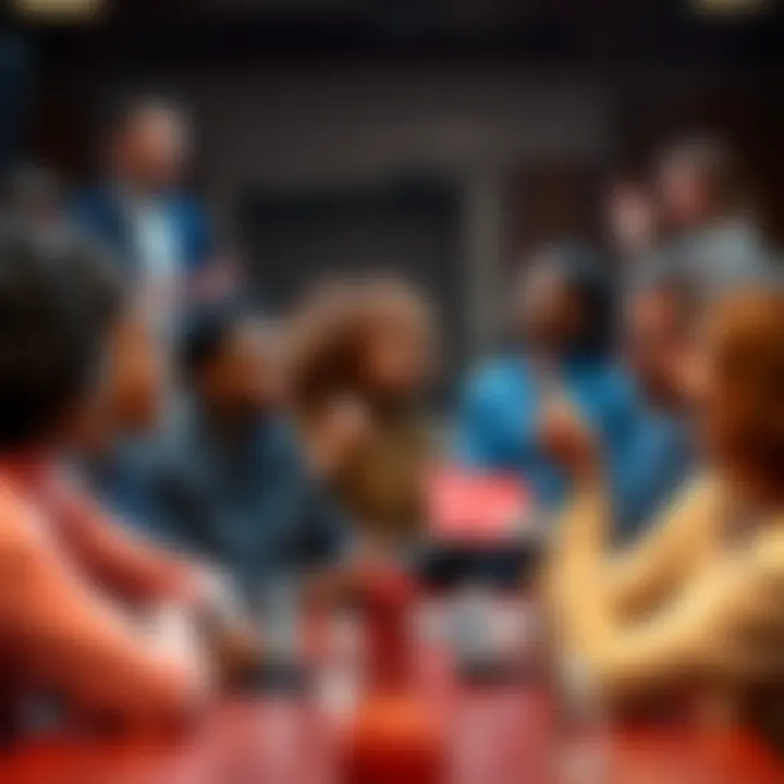 A diverse group of people engaging in a lively discussion, exchanging positive affirmations, and showing enthusiasm during a debate.