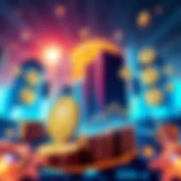 Illustration showing stablecoins represented by coins and charts depicting growth, with institutional buildings in the background symbolizing institutional adoption and artificial intelligence elements like gears and circuits