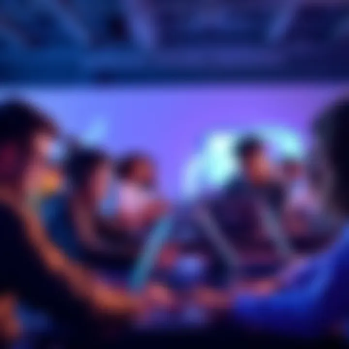 A group of diverse people working together at laptops during a hackathon, focused on coding and collaboration.