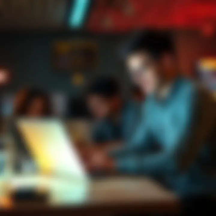 A college student working on a laptop in a group setting, discussing an innovative hackathon strategy with teammates
