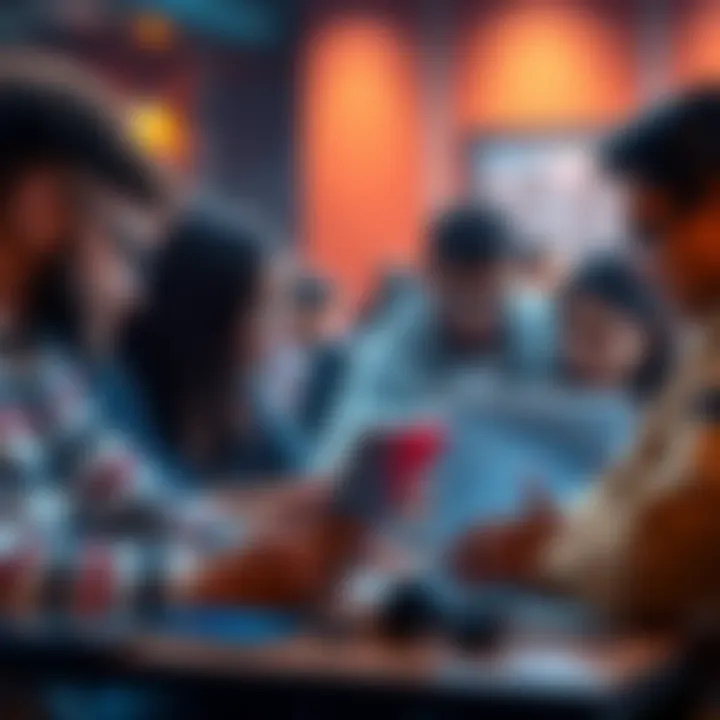 A graphic showing diverse individuals collaborating on laptops at a hackathon, representing the HackBud app connecting teammates.