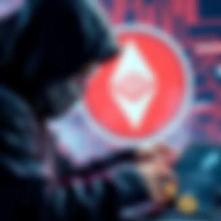 A hacker buying a large amount of Ethereum with stolen money, showing a digital wallet and Ethereum logo in the background.