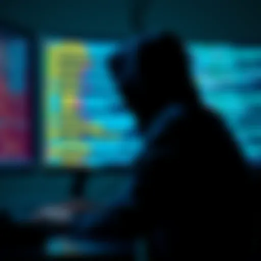 A person in a hoodie sitting in front of a computer screen displaying Bitcoin code, symbolizing hacking the BTC network