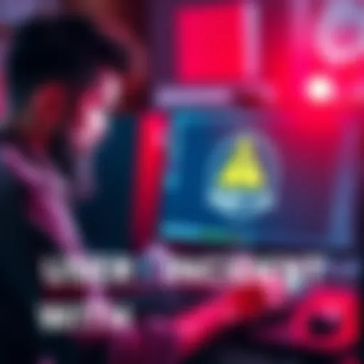 A user looking concerned while checking their Ledger Live app on a computer, with a warning symbol on the screen.