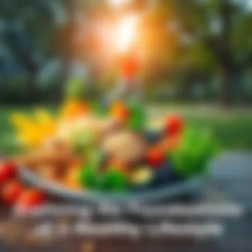 A colorful plate with fresh fruits, vegetables, and grains, alongside a person running in a park and a meditating figure in the background.