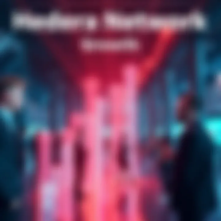 Hedera Network Growth A visual representation of positive developments in the Hedera network, featuring upward arrows and engaged people discussing opportunities.