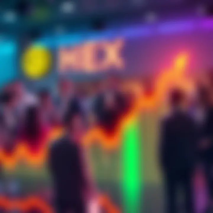 Graph showing an upward trend in HEX prices, with excited people discussing investments in the background