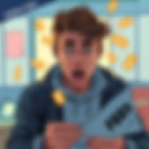 Illustration of a surprised person looking at bills with small, hidden fee tags around them