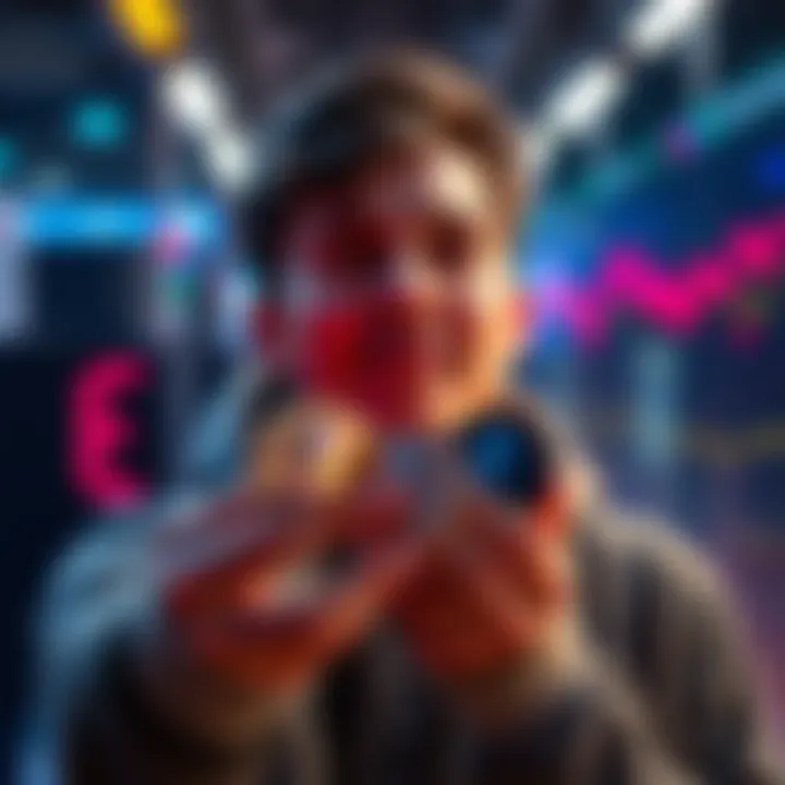 A person holding Ethereum coins looking optimistic as tech stocks rise and Bitcoin remains stable.