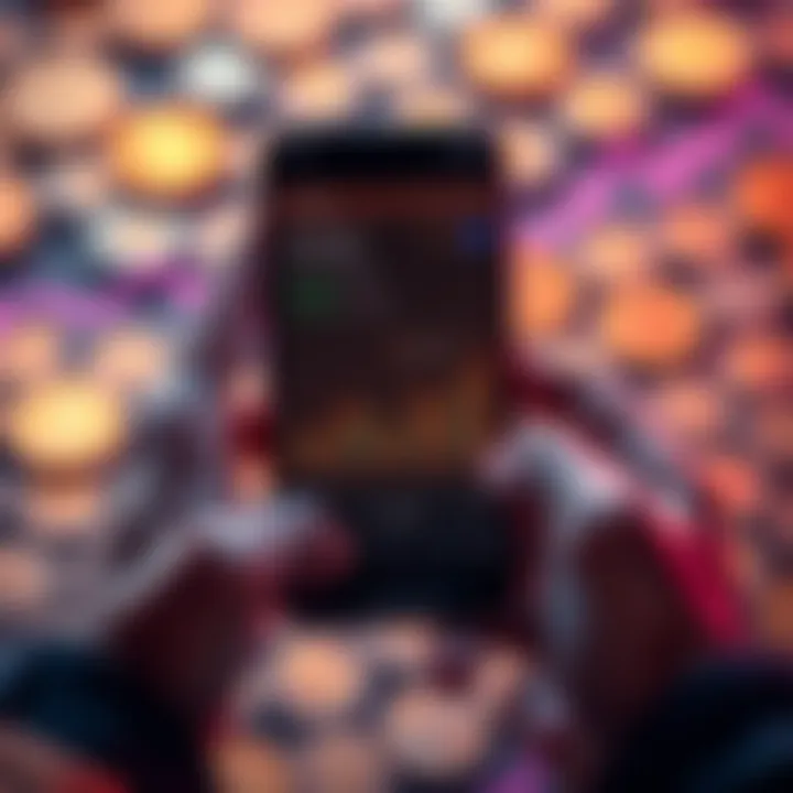 A person holding a smartphone displaying cryptocurrency graphs with strong growth indicators and coins in the background.