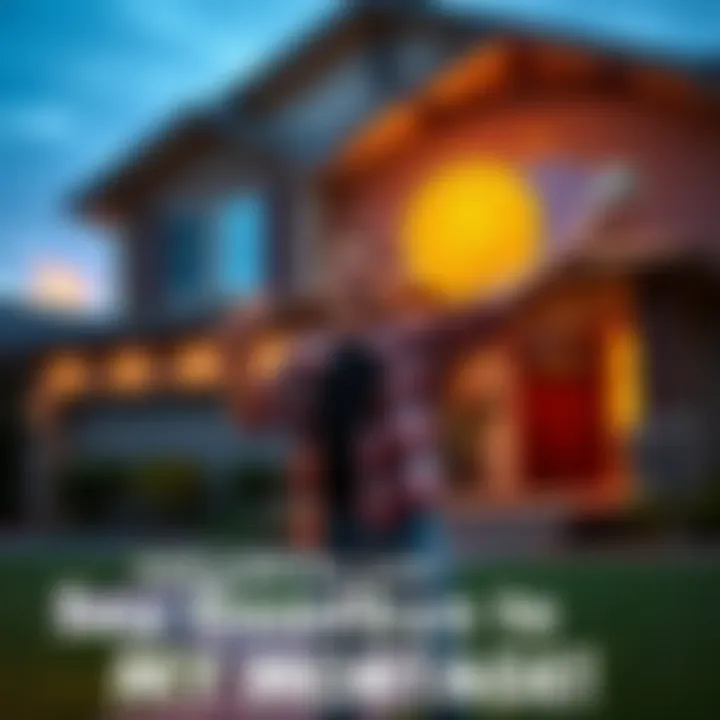 A happy homeowner stands outside a house holding cash and a Bitcoin symbol, showing gratitude for paying off their mortgage.