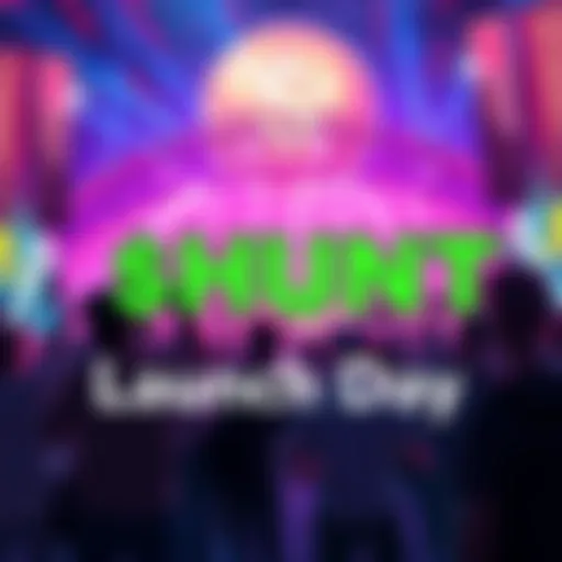 Celebration of $HUNT launch with people gathering and banners in the background