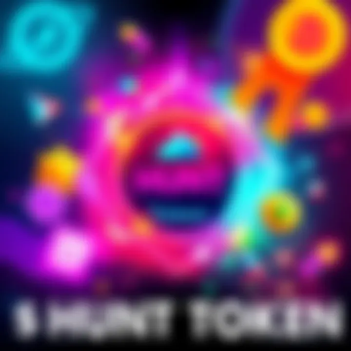 Colorful graphic showcasing Hunt Token with Solana logo, symbols of rewards, and community engagement elements