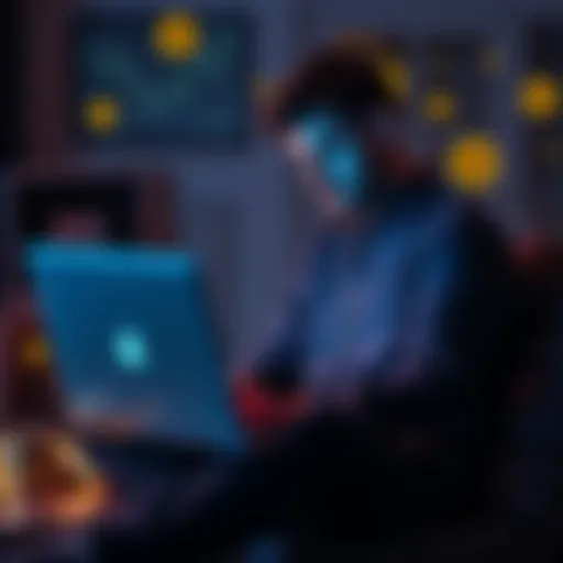 A man sitting with a laptop, looking suspiciously at a chart with Bitcoin symbols, surrounded by hidden crypto items, suggesting a secret investment.
