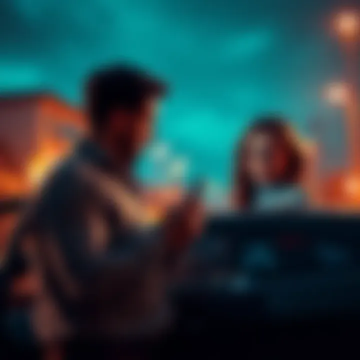 A man stands next to his car, looking at his phone with cryptocurrency charts on the screen, while a woman watches him with concern, showcasing tension between them due to financial decisions.