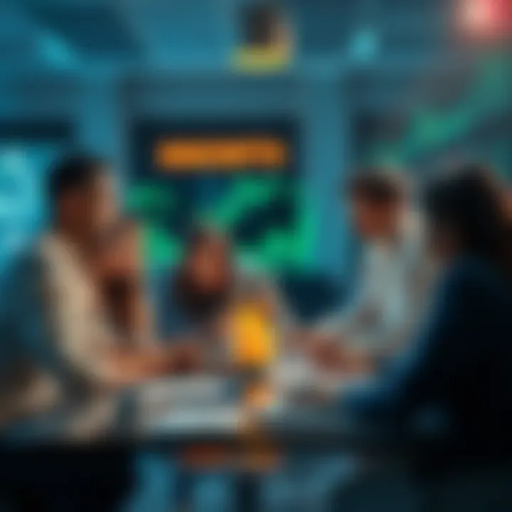 A group of diverse people discussing future innovations and growth opportunities around a table, with technology and charts visible in the background.