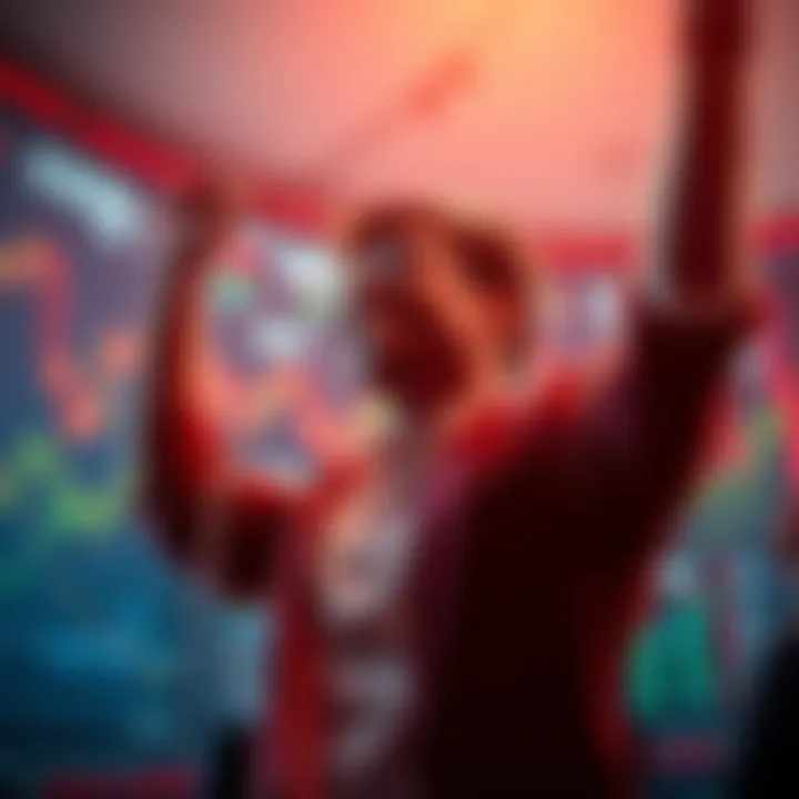 A person celebrating a $190 million profit while looking at trading screens, with a background showing a downward trend in crypto markets and stable stock indices.