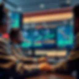 A group of professional investors examining Ethereum charts and data on screens, focused on market trends and strategies.
