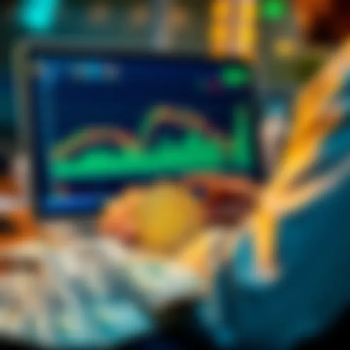 Person analyzing Bitcoin charts on a laptop with dollar bills in the foreground