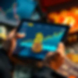 A person reviewing a Bitcoin growth chart on a tablet, with dollar bills and coins around them, symbolizing investment planning.