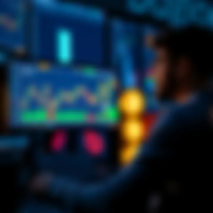 A person looking at a computer screen displaying Dogecoin charts and financial data, contemplating an investment decision