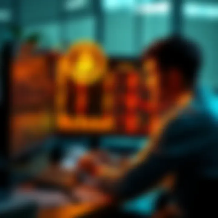 A person looking at Bitcoin prices on a computer screen, contemplating investment options, with financial documents nearby