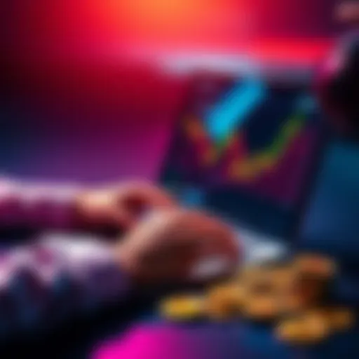 A person analyzing memecoin charts on a laptop with coins scattered around