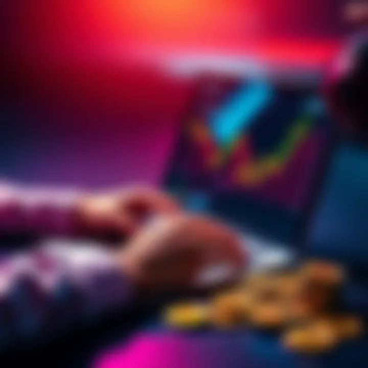 A person analyzing memecoin charts on a laptop with coins scattered around