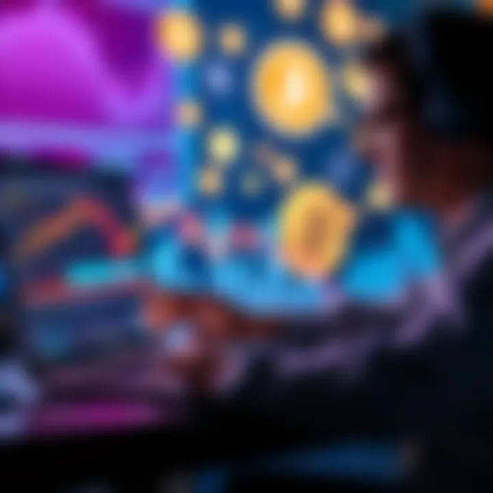 A person analyzing charts on a laptop with cryptocurrency icons in the background