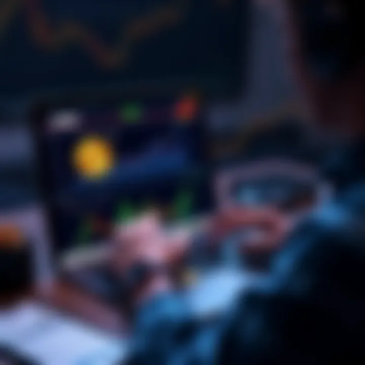 A person analyzing cryptocurrency options on a laptop, with graphs and coins displayed on the screen, symbolizing investment choices.