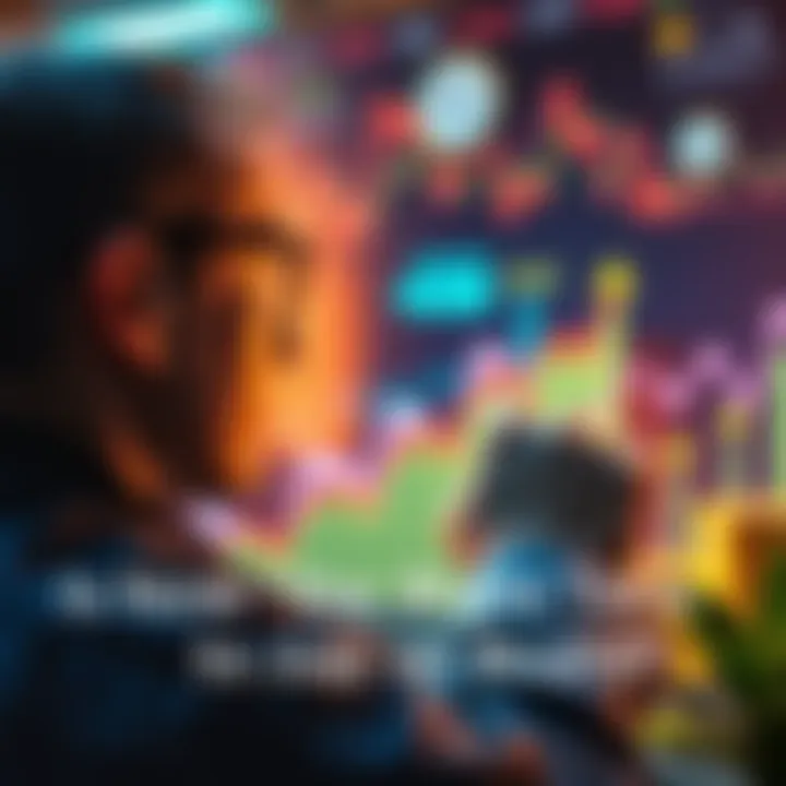 A person looking at a graph with upward trends and investment images like stocks and coins in the background
