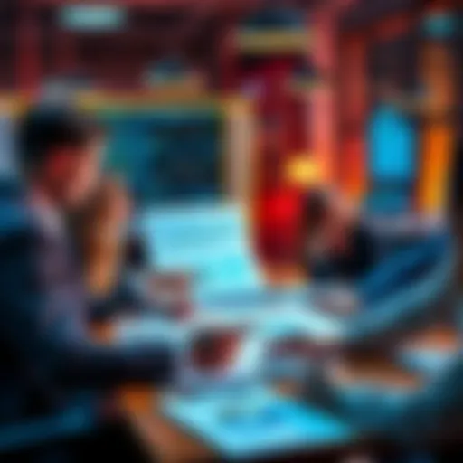 A group of people discussing investment options with charts and graphs on a table, examining financial strategies.