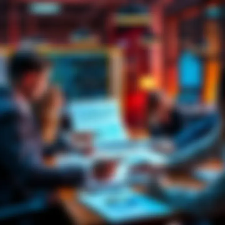 Investment Opportunities Discussion A group of people discussing investment options with charts and graphs on a table, examining financial strategies.