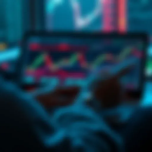 A person analyzing stock market trends on a laptop with financial charts displayed, showing rising and falling graphs.